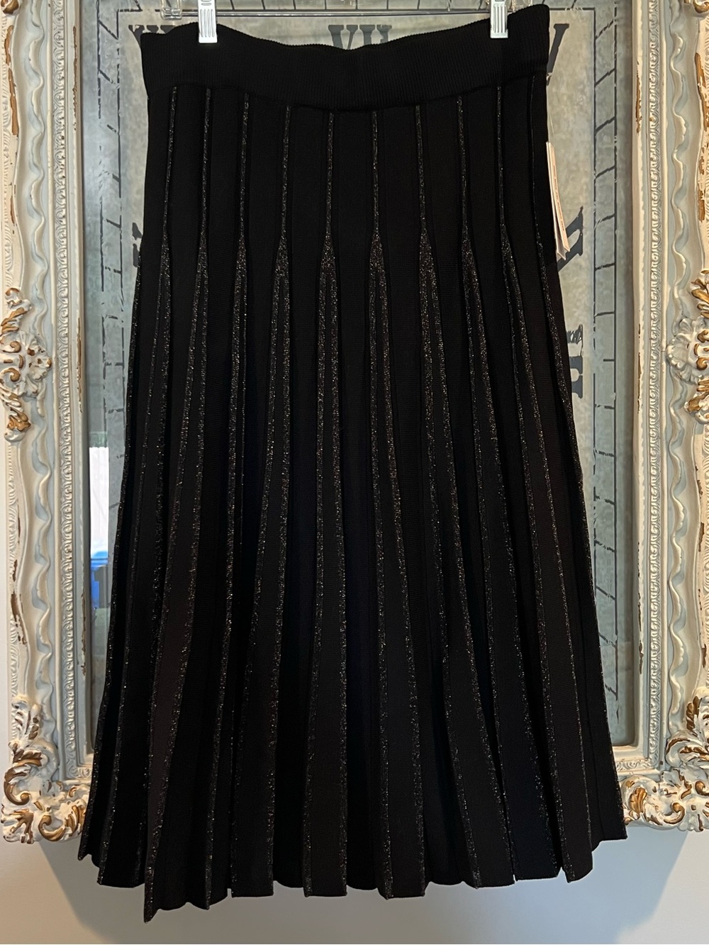 Nanette Lepore Black Pleated Midi Skirt with Metallic Trim